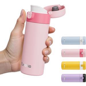 Exllena Small Insulated Water Bottle with Push-Button Lid 7.5oz/220ml Mini Flask, Leakproof Mini Water Bottle for Coffee, Milk, Travel, School & Office Use(Pink & Magenta)