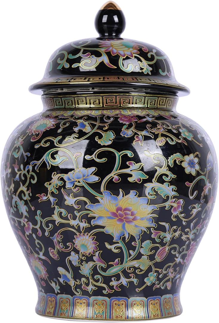 Enamel Ginger Jar with Lid 7.72"H,Handmade Chinoiserie Ginger Jar, Ceramic Vase for Home Decor, Decorative Jar, Black or White (Black)