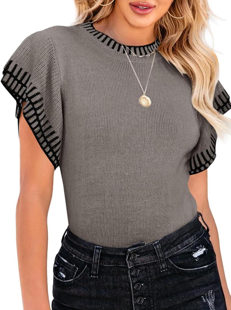 Saodimallsu Womens Short Sleeve Sweaters Tops Summer Ruffle Striped Loose Crew Neck Lightweight Soft Shirts Knit Sweater (X-Large, Grey)