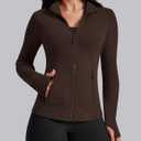 AVGO Womens Workout Jackets Lightweight Athletic Zip Up Jacket Slim Fit Running Gym Top with Pockets & Thumb Holes (Brown, M)