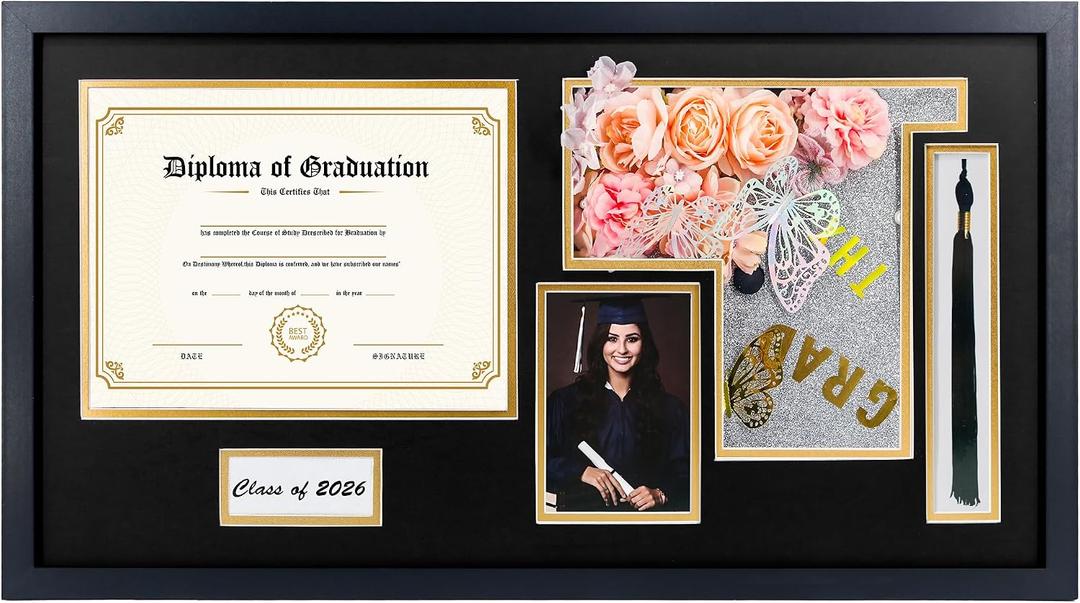 Graduation Shadow Box Frame for 8.5x11 Diploma & 4x6 Photo with Graduation Cap & Tassel Holder Class of 2026 2025 Wood Display Case