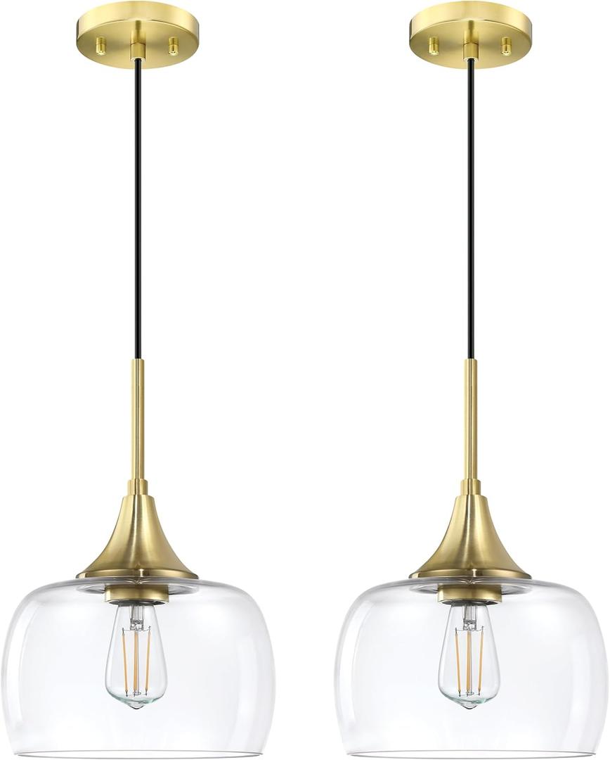 2 Pack 1 Light Hanging Indoor Kitchen Island Pendant Ceiling Light 8.2" Clear Glass Shade Fixture,Gold Finish Modern Farmhouse Dinning Over Sink