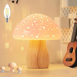 BOHON Mushroom Lamp, Ceramic Bedside Table Lamp for Bedroom Nightstand, Vintage Cute Night Light, Small Lamp for Living Room Kids Desk Home Decor Girls Mother's Day Gifts, LED Bulb Included, Pink