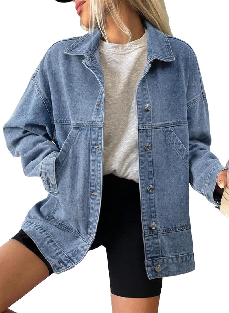 SHEWIN Womens Denim Jacket Casual Long Sleeve Drop Shoulder Button Front Jean Jacket Coat With Pockets (Blue, XXL)