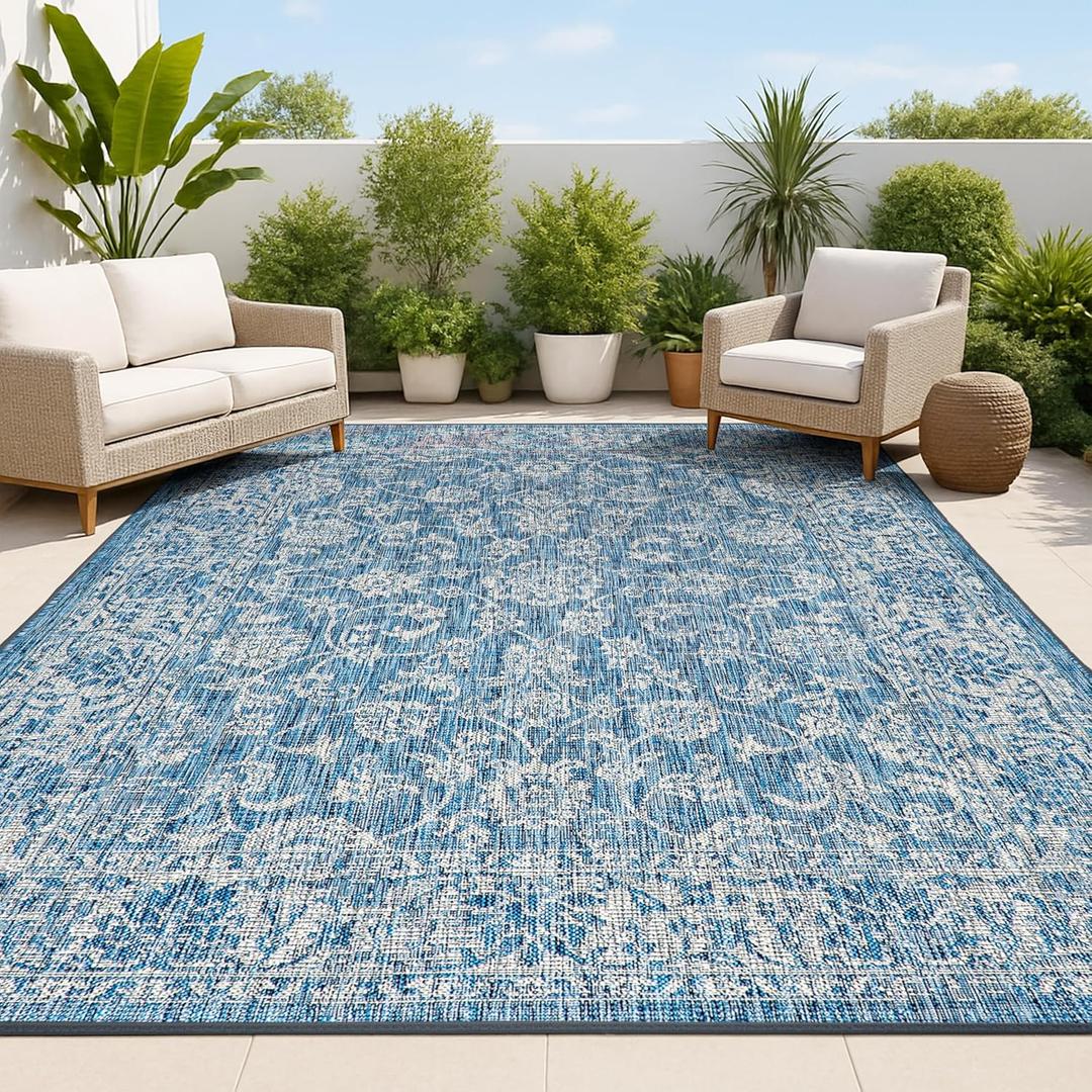 JONATHAN Y Weave Floral Indoor Outdoor Area Rug 5X8 Navy/Gray, Tela Bohemian Textured for Backyard, Patio, Porch, Easy-Cleaning, High Traffic, Pet-Friendly, Non-Shedding (SMB100B-5)