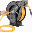 AIRZILLA Premium Steel Retractable Air Hose Reel With Dual Arm, 3/8"x50Ft Hybrid Polymer Hose, Heavy Duty Air Hose Reel included Auto Rewind Reel | Quick Air Coupler | Durable Double side Frame.