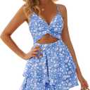 Women's Jumpsuit Sexy V Neck Twist Spaghetti Straps Double Layer Ruffle Hem Mini Short Romper (Medium, Blue Floral)