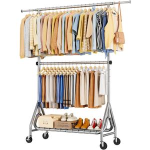 Double Rods Clothing Rack, Heavy Duty Clothes Rack for Hanging Clothes Load 560LBS, Metal Rolling Garment Racks with Wheels, Freestanding Clothes Hanging Racks, Silver