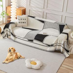 HAOMAIJIA Non Slip Couch Cover Sofa Covers for 2 Cushion Couch Washable sectional Couch Covers for Dogs pet Furniture Protector Couch Cover Blanket for Living Room (Black-Cream, 71"x118")
