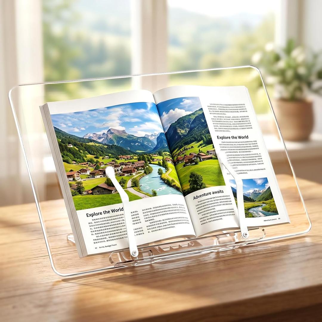 Acrylic Cookbook Holder, 13.3x9.4 Inch Ergonomic Book Display Stand | Adjustable 0-50 Acrylic Book Stand with Page Clip for Reading, Recipe, Books, Document, Cookbook