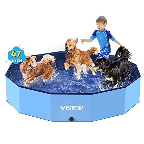 VISTOP Extra Large Foldable Dog Pool XXL, Hard Plastic Shell Portable Swimming Pool for Dogs Cats and Kids Pet Puppy Bathing Tub Collapsible Kiddie Pool (67inch.D x 11.8inch.H, Blue)