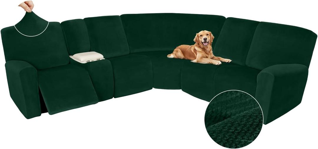 Arfntevss Sectional Recliner Couch Covers Velvet Washable Corner Sectional Sofa Cover for Reclining Stretch Thick L Shape Recliner Slipcover Set (5 Seat with 1 Console Cover, Emerald Green)