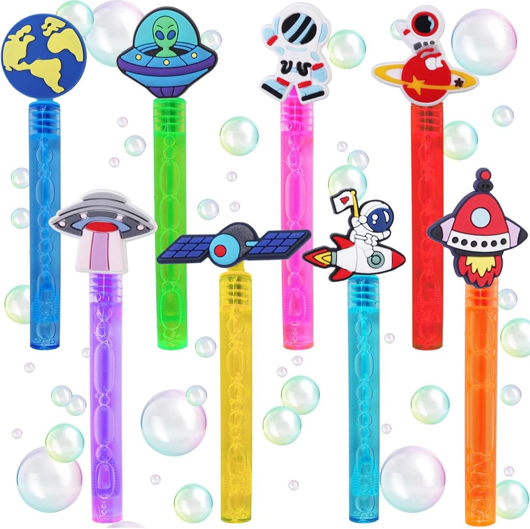 24Pieces Outer Space Bubble Wands(8 Style),Astronaut/Rocket/Planet Cute Bubble Wand Great for Glow Outer Space Birthday Party Supplies, Goodie Bags Stuffer Prizes Birthday Gift