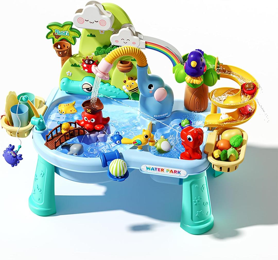 2027 Upgraded 10-in-1 Sand Water Table for Toddlers 1-3, Kids Sensory Table with Electric Water Pump & Elephant Faucet, Play Kitchen Sink with Food Accessories, Fishing Toy