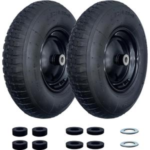2-Pack 4.80/4.00-8" Pneumatic Wheelbarrow Wheel and Tires with 3"- 6" Center Hub and 3/4" Bushings for Wheelbarrow and Yard Cart Garden Wagon, Black