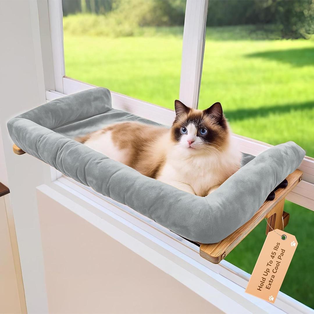45LBS Capacity Cat Window Perch with Bolster, Hammock Seat with Plywood & Metal Frame, Cat Window Bed for Indoor Cats & Kitten, Extra Cood Pad (Natural Wood & Gray Cushion, 24.8''W x 9.4''H)
