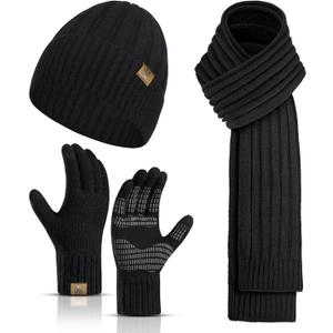 Winter Scarf for Men with Beanie Hat and Touchscreen Gloves Set Warm Cap Fleece Men's Scaves Nonslip Gloves Set for Men Women (Black)