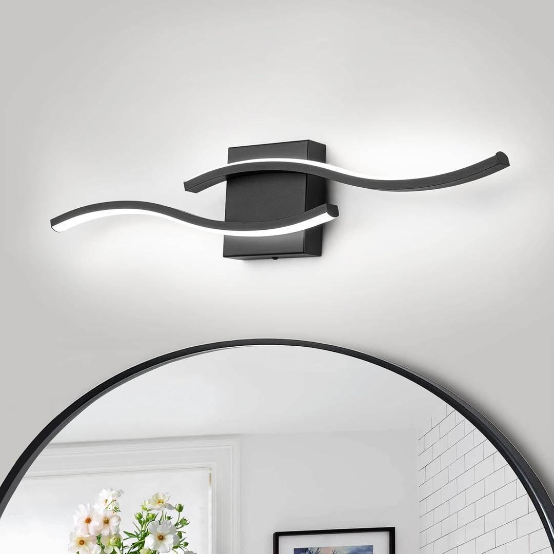 Dimmable LED Bathroom Vanity Light, 24 inch Modern Black Bathroom Lighting Fixtures Over Mirror Aluminum Wall Sconces Light Fixtures for Living Room Bedroom 6000K White Light (Black-Curve Cool)