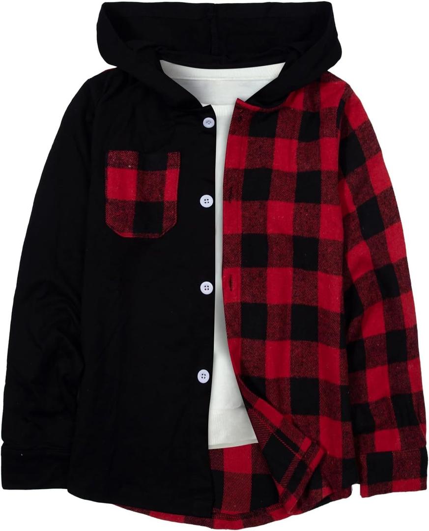 Boys Flannel Shirts Plaid Hoodie: Button Down Long Sleeve Shirt Fall Winter Fashion Lightweight Hooded Jacket Coats (6-7 Years, Black + Red)