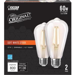 Feit Electric ST19 Vintage Edison LED Light Bulb, 60W Equivalent, Dimmable, 2700K Soft White, 800 Lumens, E26 Base, Retro Filament Light Bulbs, 15,000-Hour Lifetime, ST1960/CL/927CA/2, 2 Pack