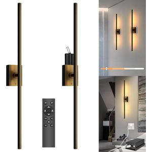 Yurnero Battery Operated Wall Sconces with Remote Control,Wall Sconces Set of Two, 3000K-6000K LED Wireless Wall Light for Bedroom, Picture Lights for Wall, Hallway, Background Wall (28.5in, Black)