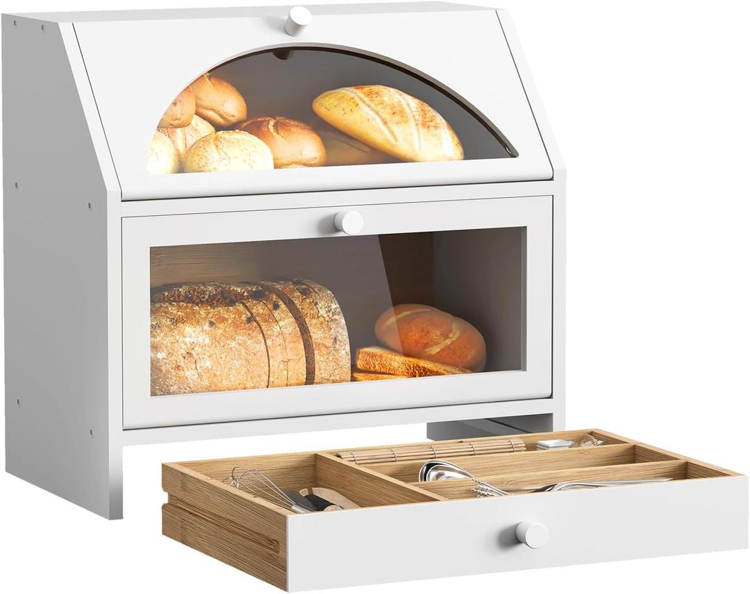 BMOSU Bread Box for Kitchen Countertop Corner Bread Box Bamboo Extra Large Double Layer Bread Storage Bin with Silverware Drawer Organizer (Transparent Door)