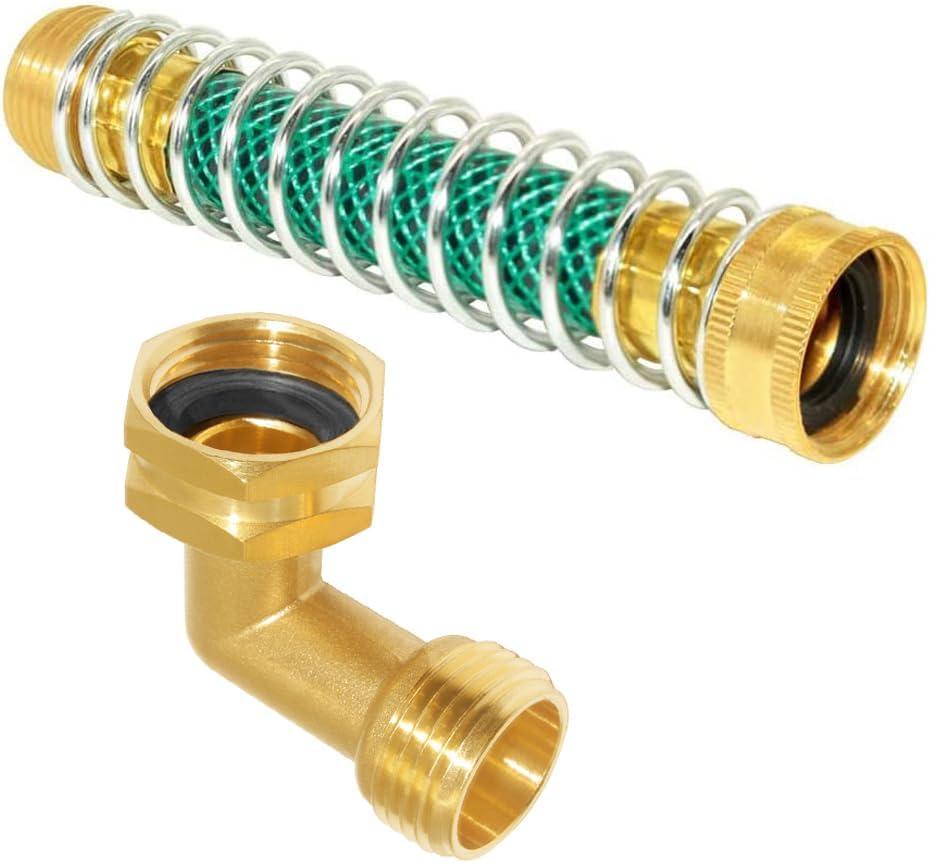 Joywayus 3/4" GHT Garden Hose 90-Degree Elbow Brass Connector and Hose Kink Protector with Coil Spring Extension Adapter Kit for RV Water Hookups and Residential Outdoor Faucets