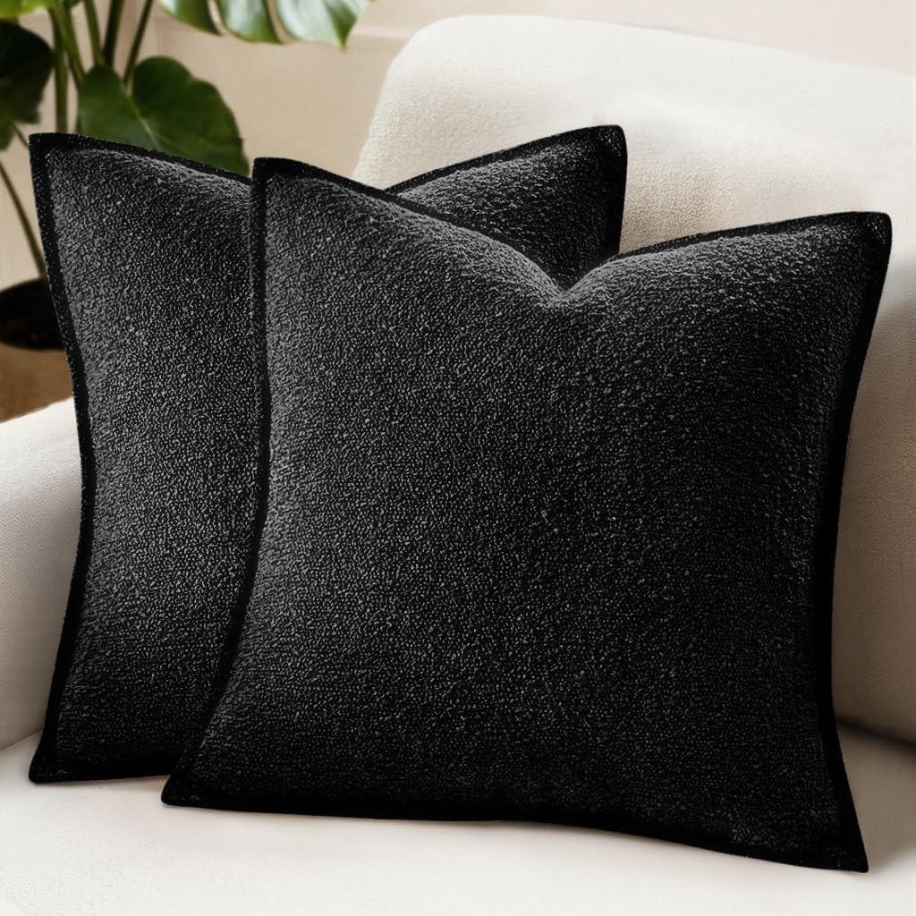 MIULEE Pack of 2 Decorative Textured Boucle Throw Pillow Covers 20x20 Inch Black Broadside Thick Boho Pillows for Farmhouse Accents Sofa Couch Bedroom Living Room Home Decor