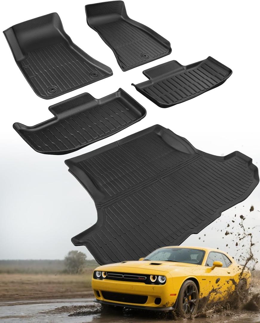Car Floor Mats for Dodge Challenger RWD 2011-2023 Cargo Liner, 1st & 2nd Row Full Set Car Liners,Anti-Slip for Challenger Accessories 2012 2013 2014 2015 2016 2017 2018 2019 2020 2021 2022 4PCS Black