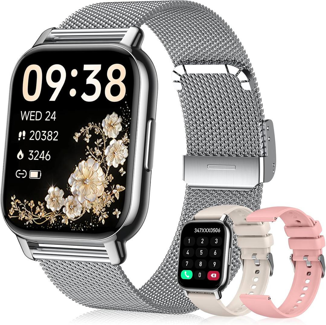 Smart Watch for Women (3 Bands), 1.85'' HD Fitness Tracker with Bluetooth Calls, IPX8 Waterproof Smartwatch for Android iPhone, 112+ Sport Modes, Heart Rate & Sleep Monitor, Silver