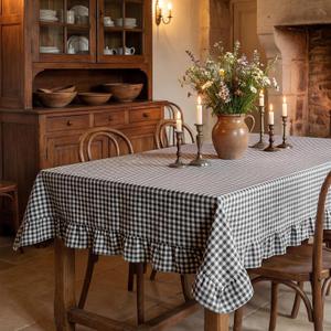 Mindsoft Black Gingham Ruffled Tablecloth 120 x 60 Inches Rectangle Cotton Linen Checkered Table Cloth Buffalo Plaid Farmhouse Vintage Decorative Tablecover for Picnic Kitchen Dining Room Home Party