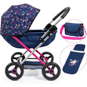 Bayer Doll Pram Stroller & Accessories Set, 18 Inch Doll, Blue, Pink Hearts, Includes Blanket & Shoulder Bag, Foldable
