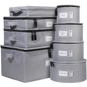 Hard Shell China Storage Containers 8-Piece Set Moving Boxes for Dinnerware, Glasses, Plates, Mugs and Saucers Sturdy Dish Organizer with Dividers for Seasonal Storage - Service for 12 - Gray