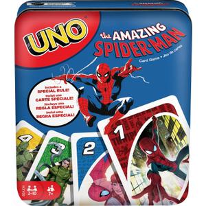 Mattel Games UNO The Amazing Spider-Man Card Game in Storage & Travel Tin for Kids, Adults & Family with Deck & Special Rule