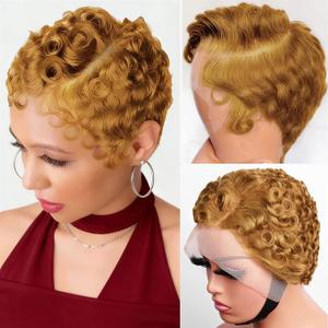 Honey Blonde #27 Curly Wavy Pixie Cut Lace Front Wig Human Hair Wigs 13x4 HD Lace Frontal Wigs Short Layered Curly Glueless Wig Pre Plucked Deep Wave Pixie Cut Human Hair Wigs for Black Women, Blonde