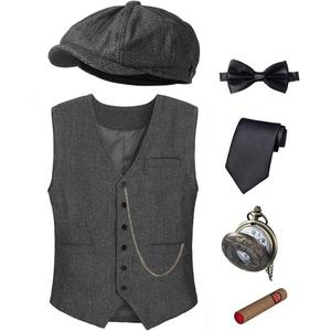 1920s Mens Costume Vest Hat Pocket Watch Accessories Set Adult Party Cosplay (Medium, Dark Grey)
