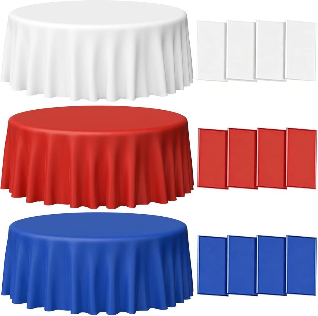 12 Pack Plastic Tablecloths, Disposable Red White and Blue Patriotic, Waterproof Round 84 Inch for Independence Day, Memorial Day, Veterans Day4th of July250 Anniversary Decorations