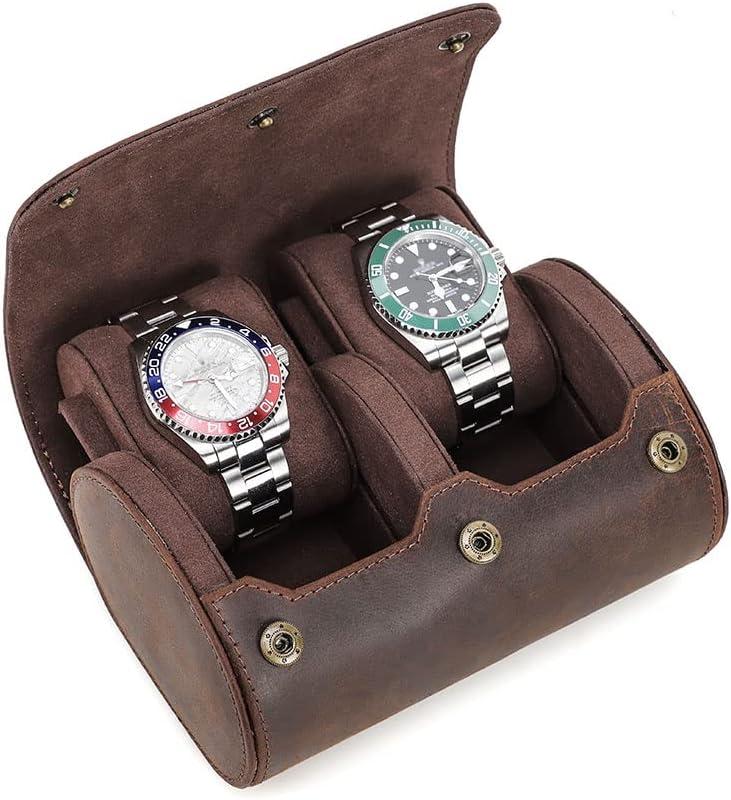 CONTACTS Genuine Leather Watch Roll Travel Watch Case 2 Slot Crazy Horse Leather Watch Box Organizer for Men Storage Display Protector Pouch (for 2 Pieces Watches)