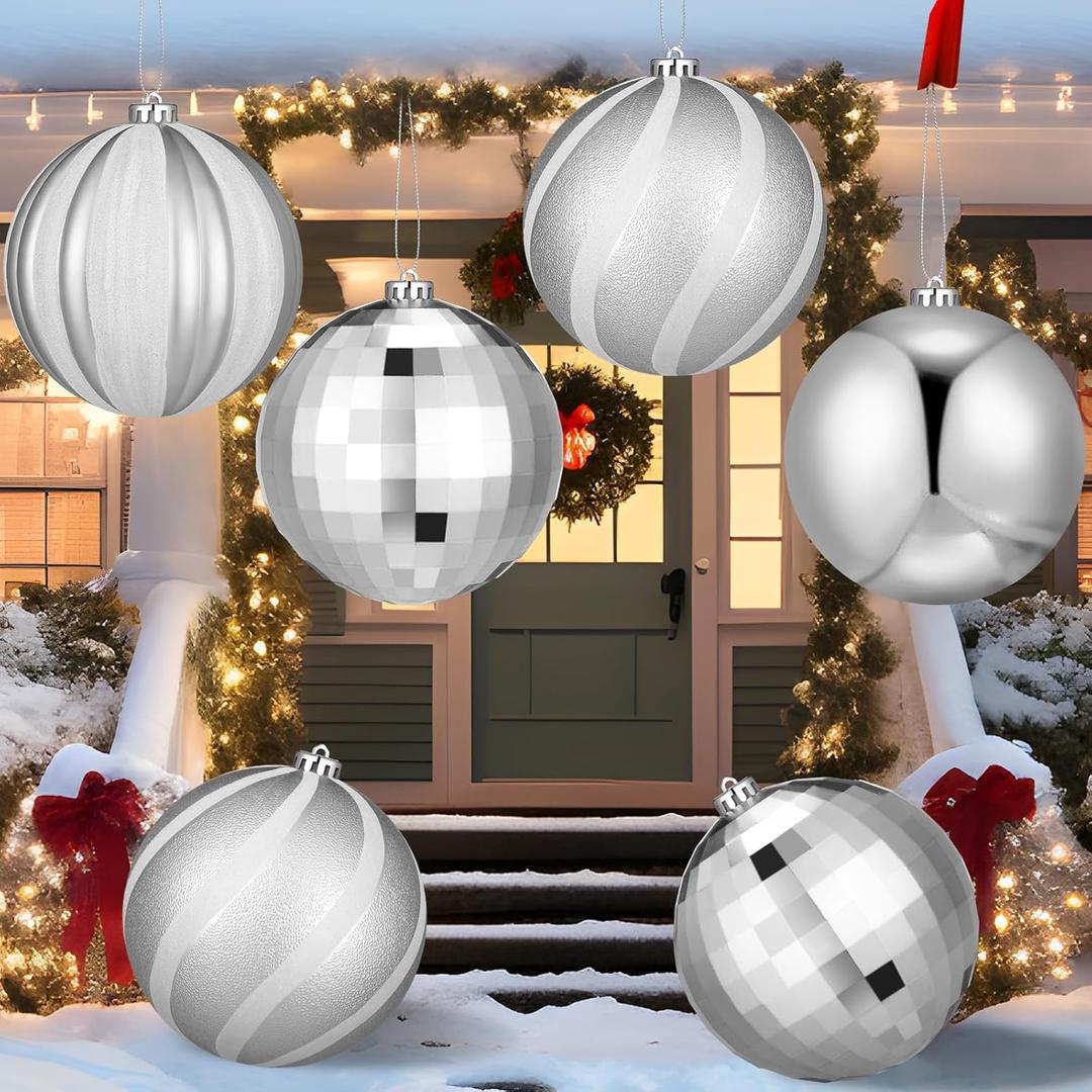 Tigeen 4 Pcs 6'' Large Silver Christmas Ball Ornaments Extra Large Christmas Hanging Ornaments 150mm Glitter Winter Vintage Mercury Balls for Xmas Tree Party Decoration(Classic Style)
