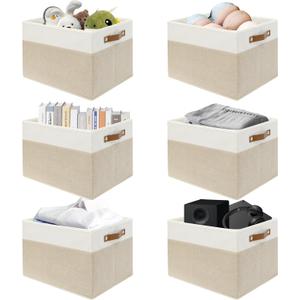 SNWDN 6 Pack Large Fabric Storage Baskets for Organizing Collapsible Fabric Storage Bins with Handles for Home organization and storage (White/Beige 15''Lx13''Wx13''H)
