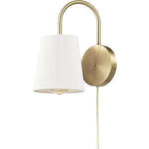 Globe Electric 65000053 1-Light Hardwire or Plug-in Wall Sconce, Matte Brass, White Textured Shade, Arched Arm, Lighting, Home Decor, Lights for Bedroom Plug in