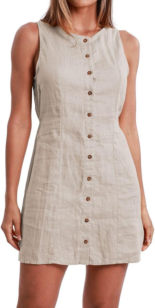 Amazhiyu Linen Dress for Women 100% Linen Summer Tank Dress Short Sleeveless Summer Dress Summer Dress Beach Dress Casual Mini Dress Button Down Dress Swing Dress, Size Medium