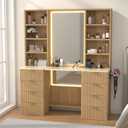 47.2 Fluted Makeup Vanity Desk with 38 Mirror and Lights, Modern Tall Vanity Table with Detachable Top, 8 Drawers & Shelves Storage, Dressing Table Built-in Power Outlet for Bedroom