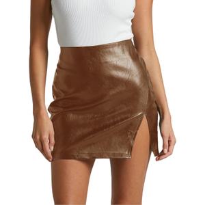 Womens High Waisted Leather Mini Skirts Sexy PU Faux Leather Bodycon Short Skirts with Slit (Brown) M