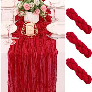 3 Pack 120 Inch Red Cheesecloth Table Runner Boho Rustic Gauze Sheer Romantic 10 FT Long Cheese Cloth Table Runner for Bridal Baby Shower Wedding Party Birthday Holiday Home Easter Decor
