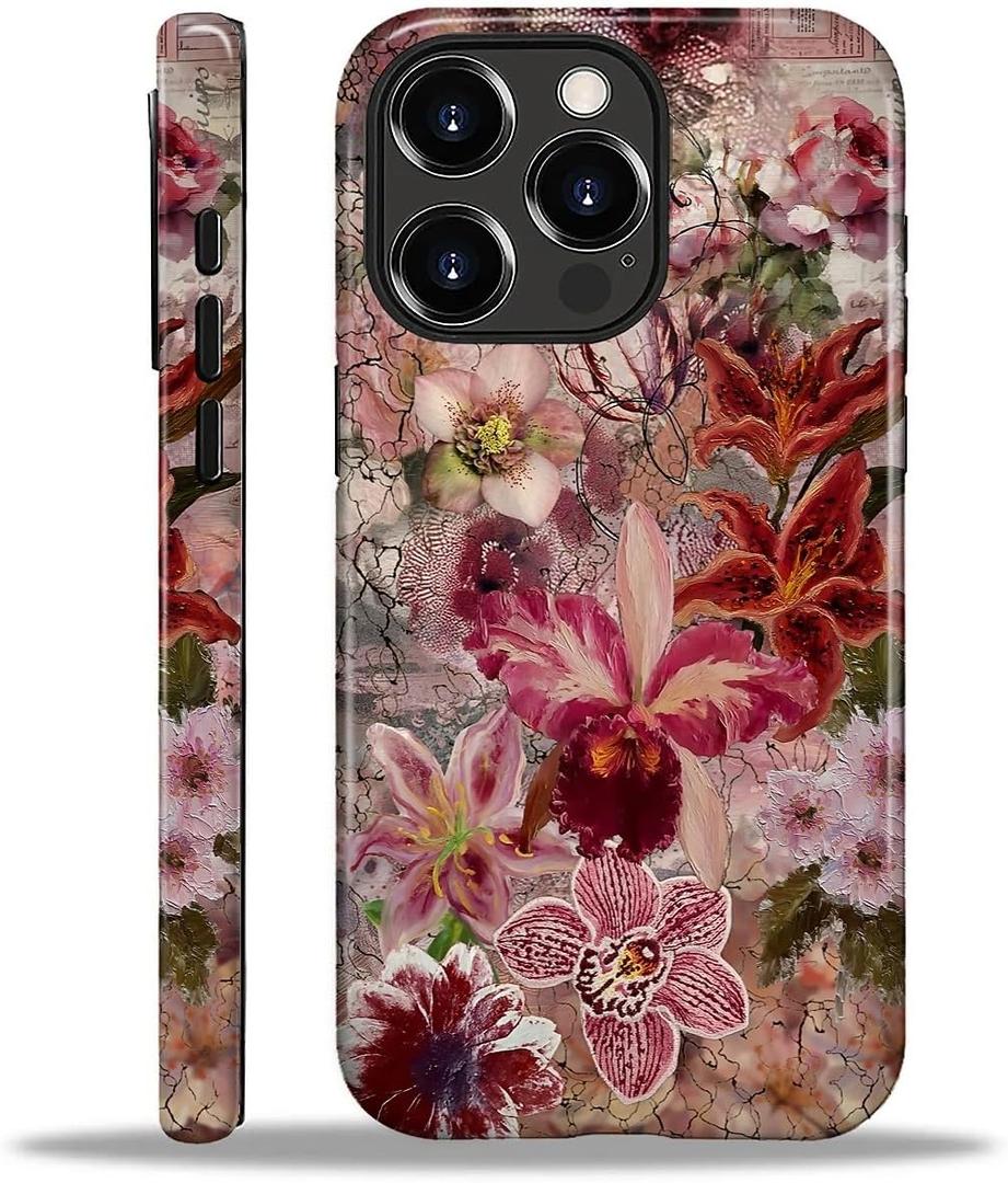 Case Designed for iPhone 16 Pro Max, Hybrid 2-Layer Case, Military-Grade Protection Durable Shockproof Anti-Scratch Phone Case, Orchid Lily Floral Collage