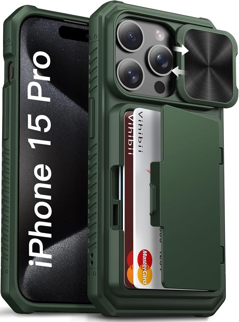 Vihibii for iPhone 15 Pro Case Wallet with Card Holder (4 Cards) & Slide Camera Lens Cover & Kickstand & Raised Edges Protective Screen, Rugged Durable Phone Case for iPhone 15 Pro 5G 6.1" 2023, Green