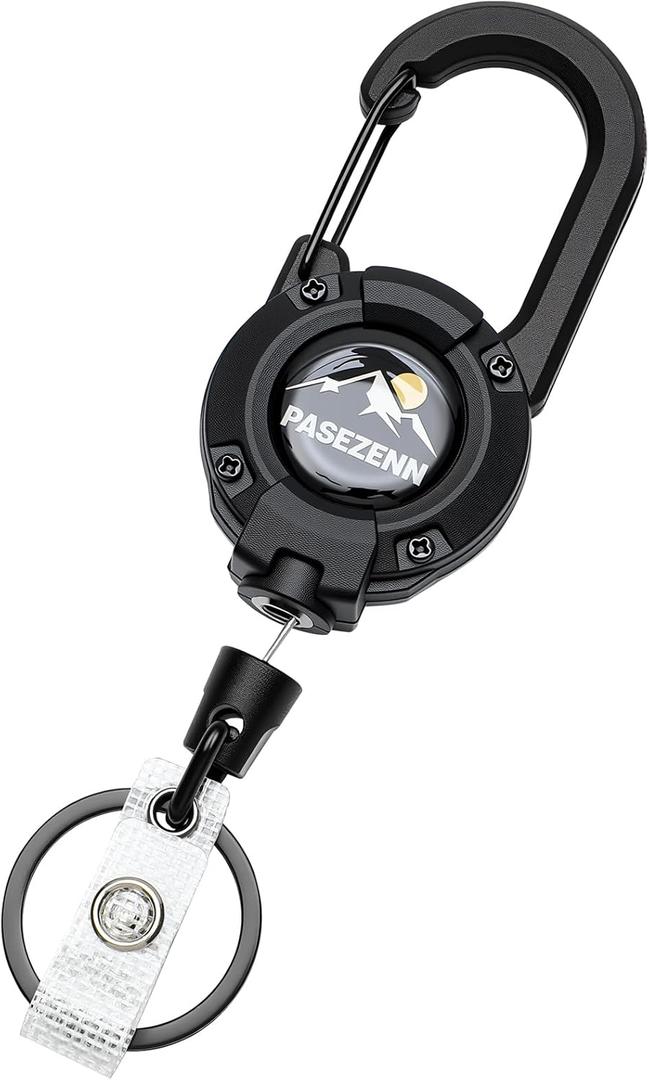 Upgraded Retractable Keychain Heavy Duty,10 OZ Retraction,28in/70cm Stainless Steel Cord,Retractable Badge Holder,Carabiner Clip and Key Ring for Work,Outdoor, Black 1 Pack