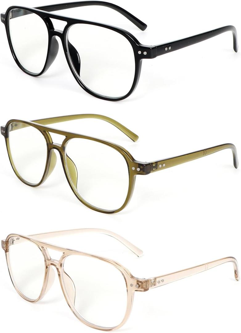 MMOWW 3 Pack Oversized Aviator Reading Glasses for Women Men Stylish Double Bridge Pilot Style Blue Light Blocking Readers, Black/Light Green/Champagne +1.0