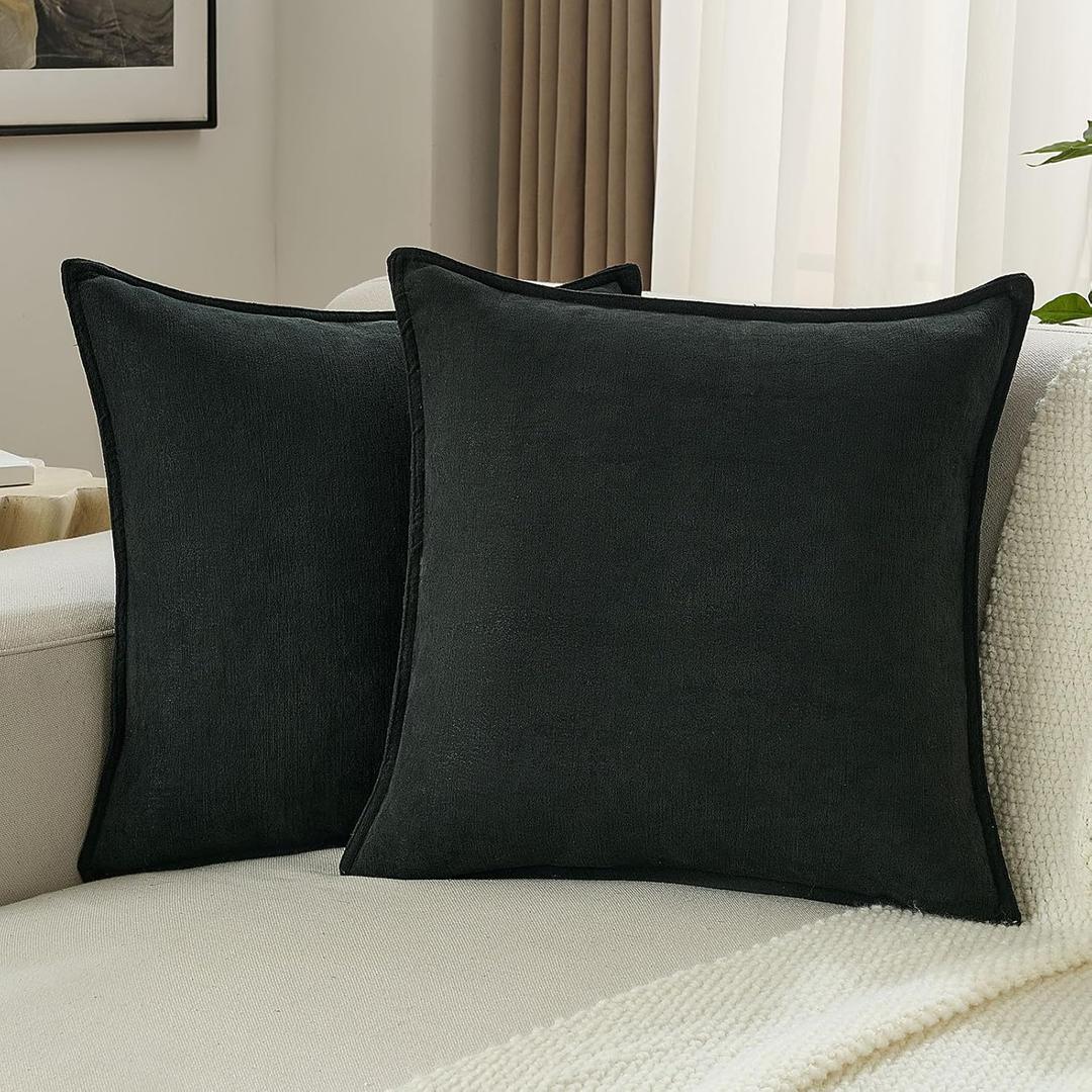 FUTEI Black Chenille Throw Pillow Covers 24x24 Inch Set of 2,Edges Double-Stitched European Cushion Cases,Modern Home Decor for Couch Living Room